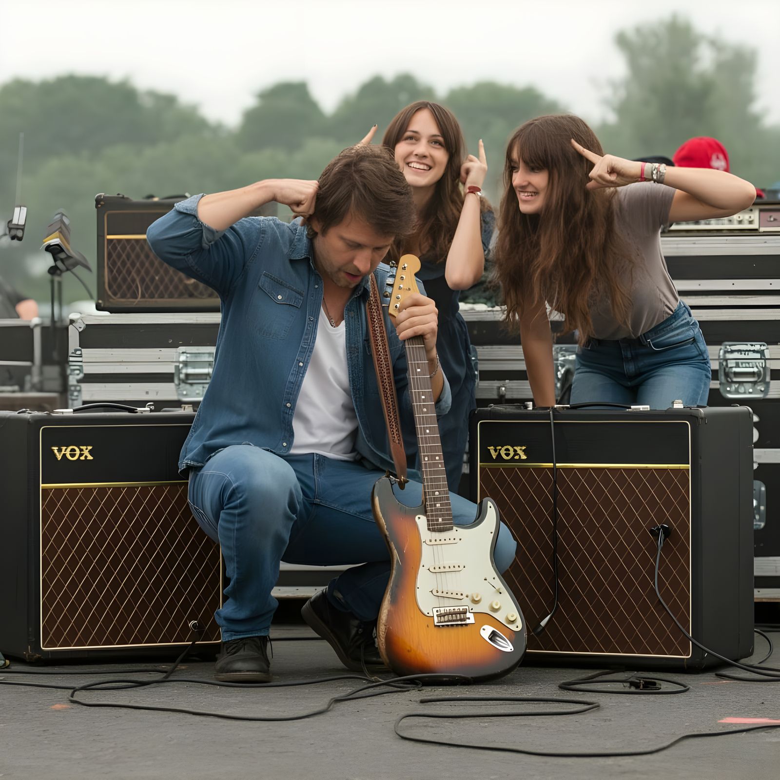 1960s Rock Concert Backstage Scene with Vox Amps