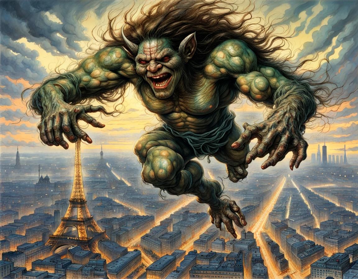 Giant Troll Attacks Paris, Vintage Poster Art