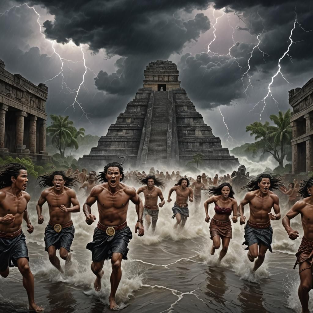 Mayan People Fleeing a Tidal Wave