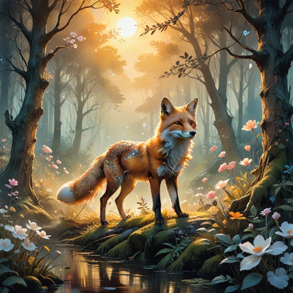 Surreal Golden Fox in Dreamy Forest Canopy at Dawn