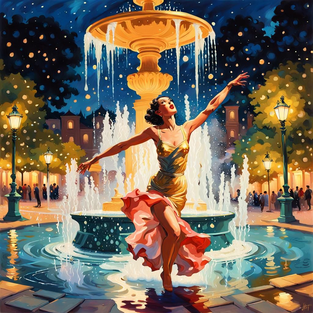 Midnight Fountain Dance: Pin-Up Art in Expressionist Style