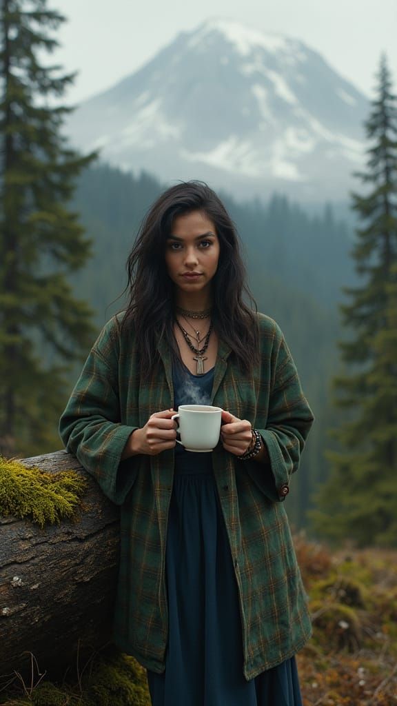 Woman in Evergreen Forest with Coffee, Digital Painting