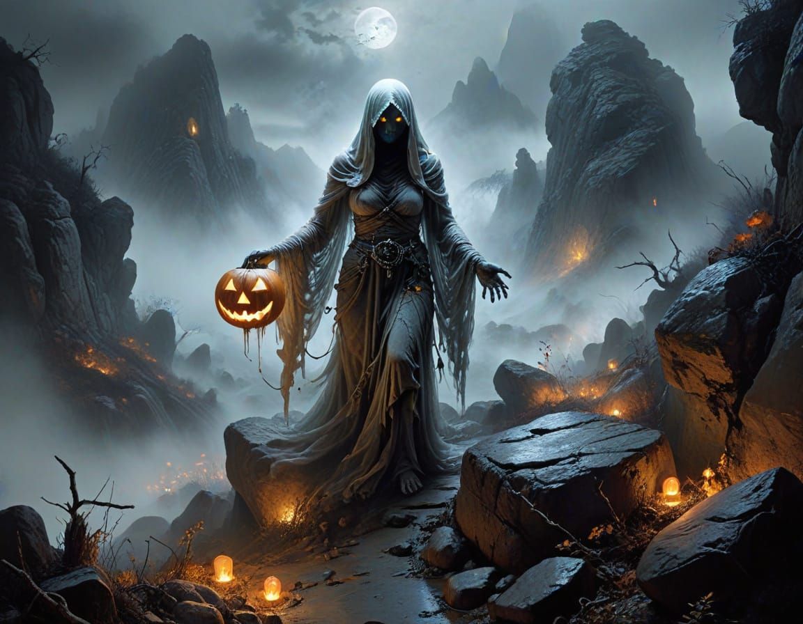 Halloween Ghost in Misty Landscape, Surreal Painting