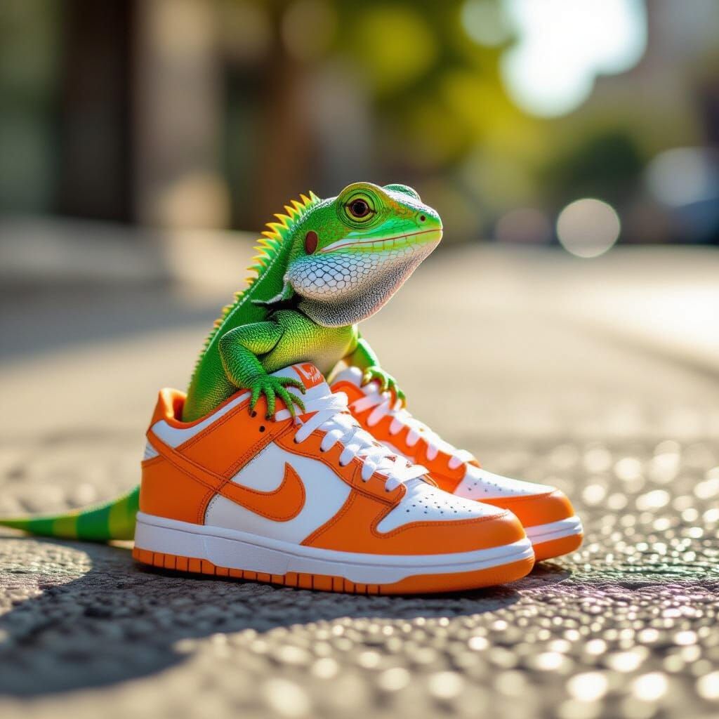Lizard Wearing Nike Sneakers on Sidewalk