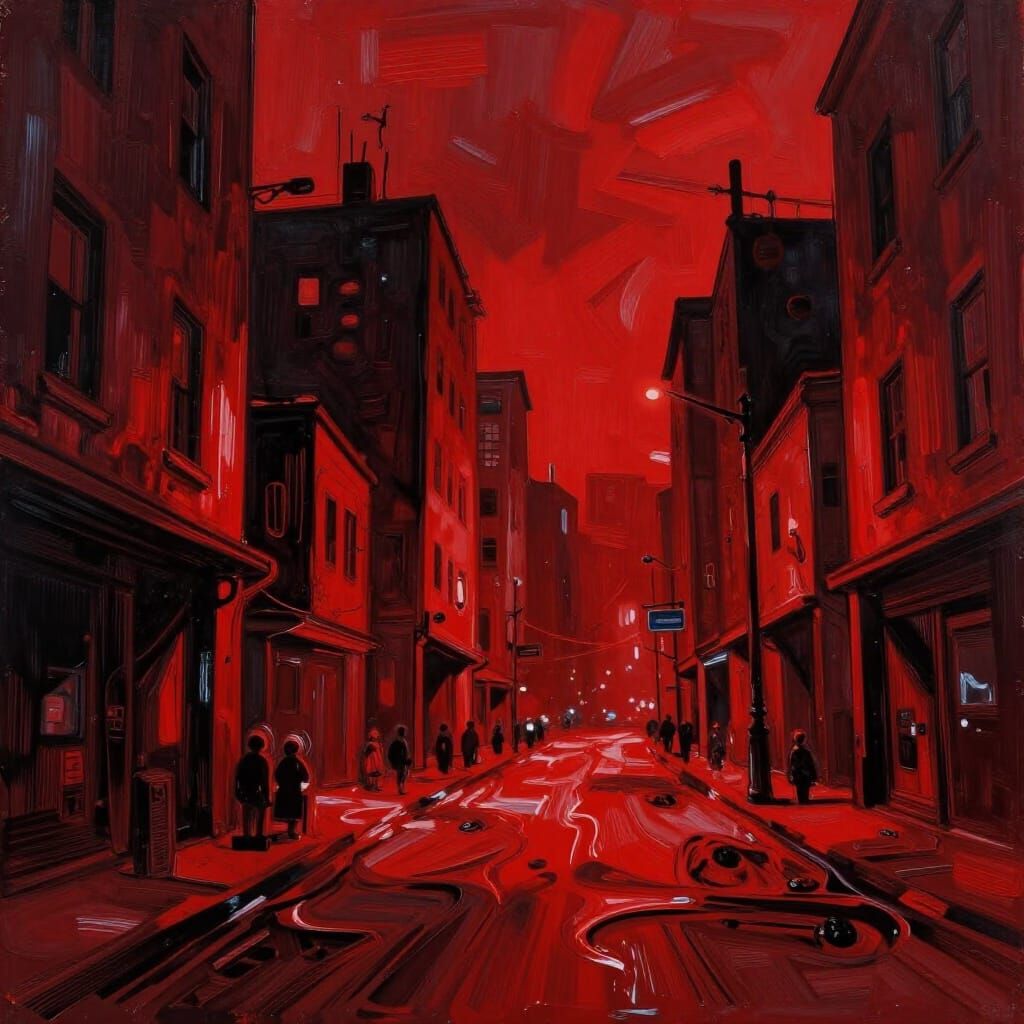 Expressionist Cityscape in Oppressive Red Light