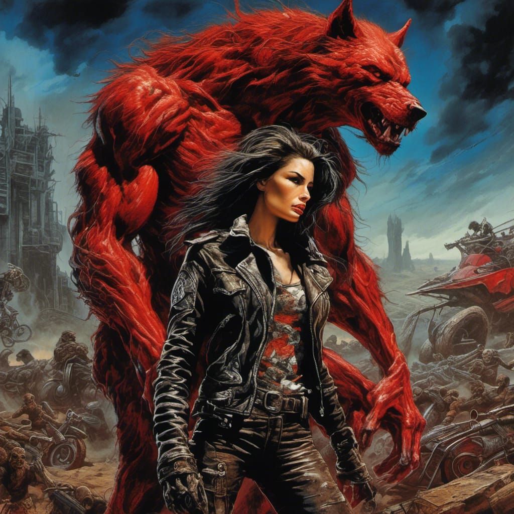 Red Werewolf Protecting Woman in Wasteland
