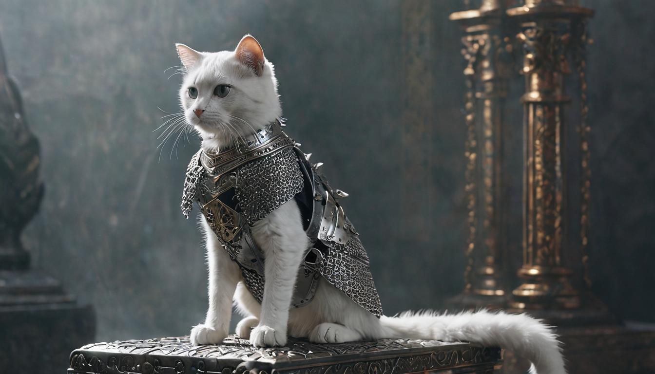 Kneeling White Cat Knight in Shining Armor