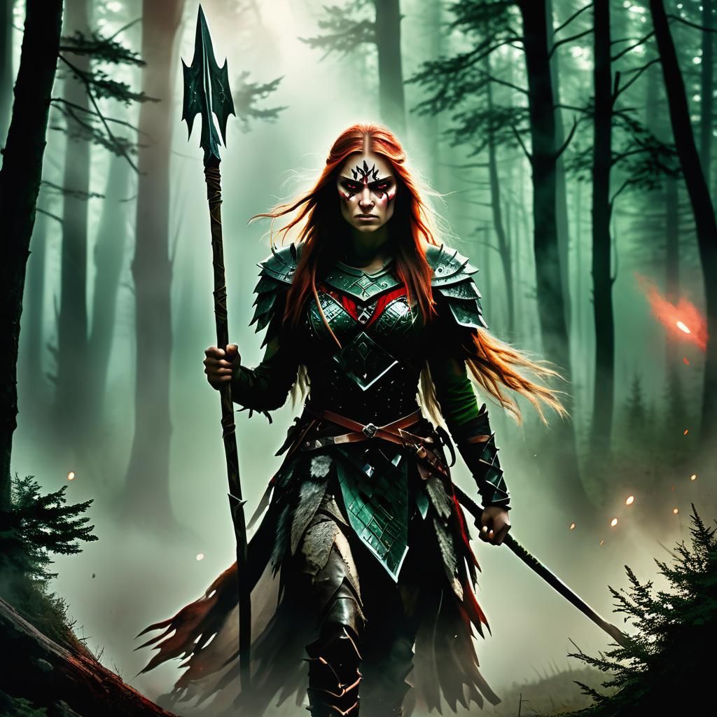 Slavic Huntress in Mystical Forest, Fantasy Art