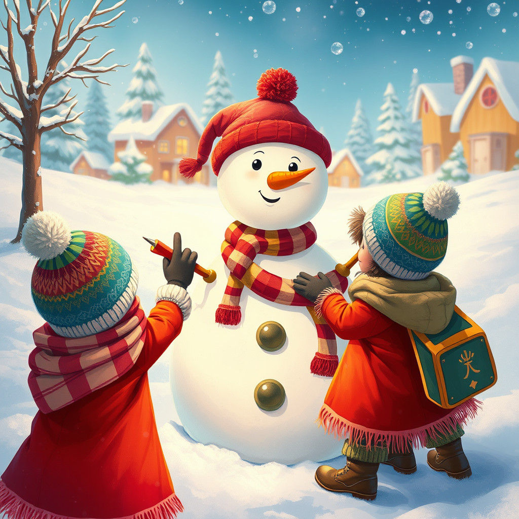 Children Decorate Snowman in Whimsical Winter Wonderland
