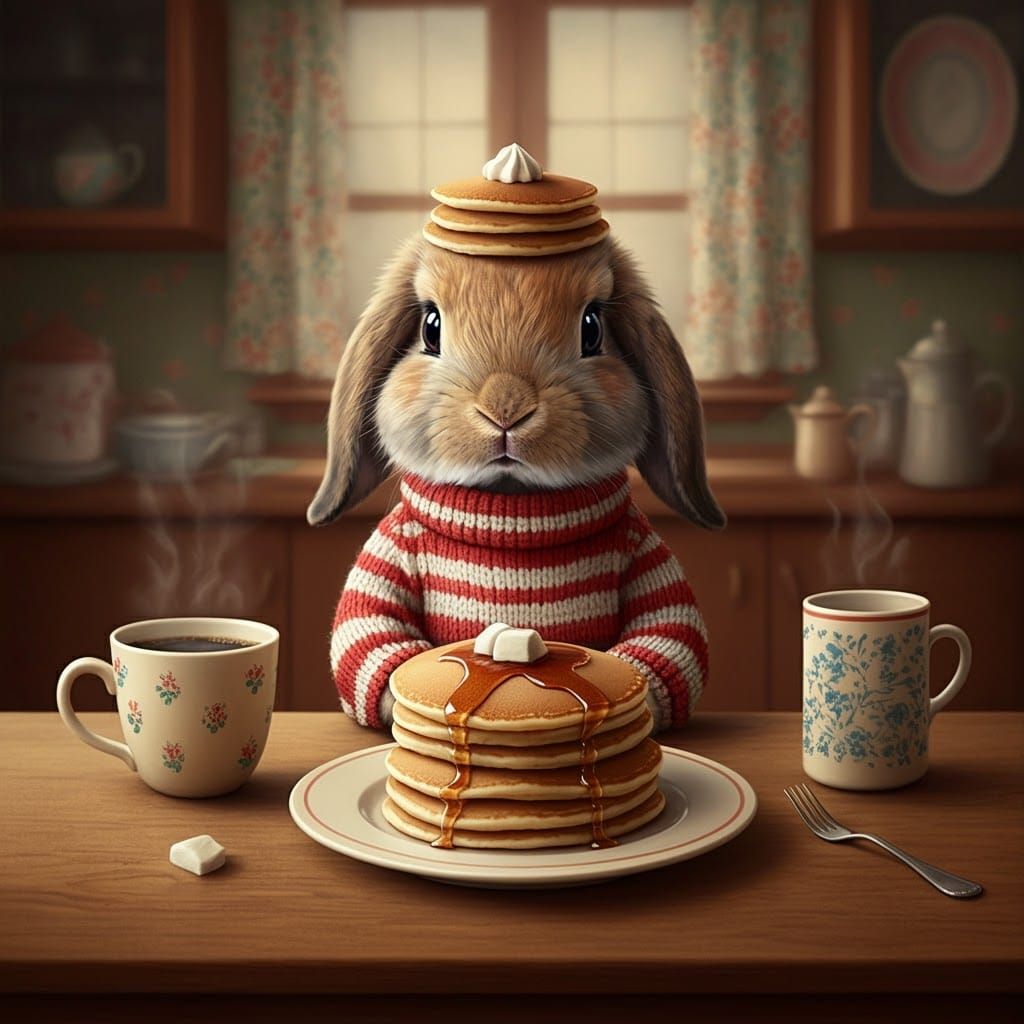 Rabbit with Pancake Hat in Cozy Kitchen