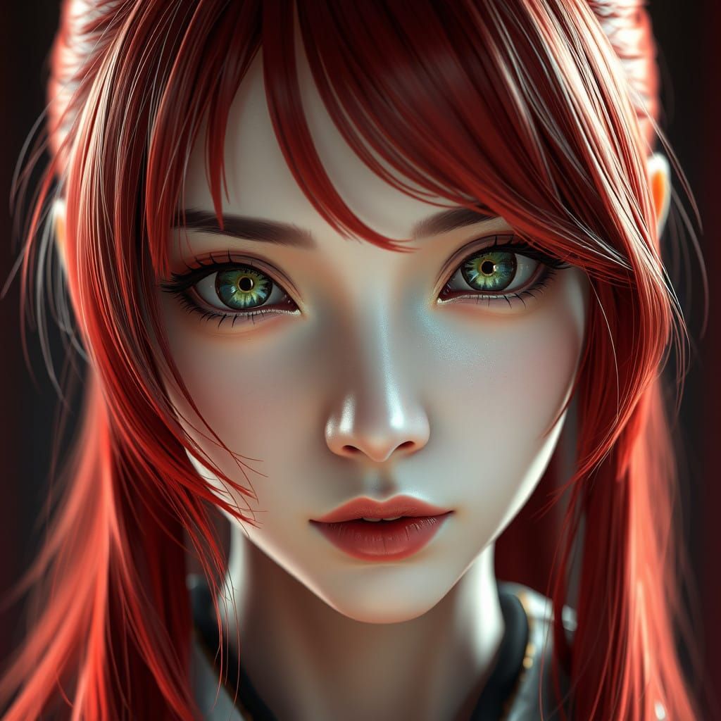 Surreal Woman with Anime-Inspired Features Gaze Directly