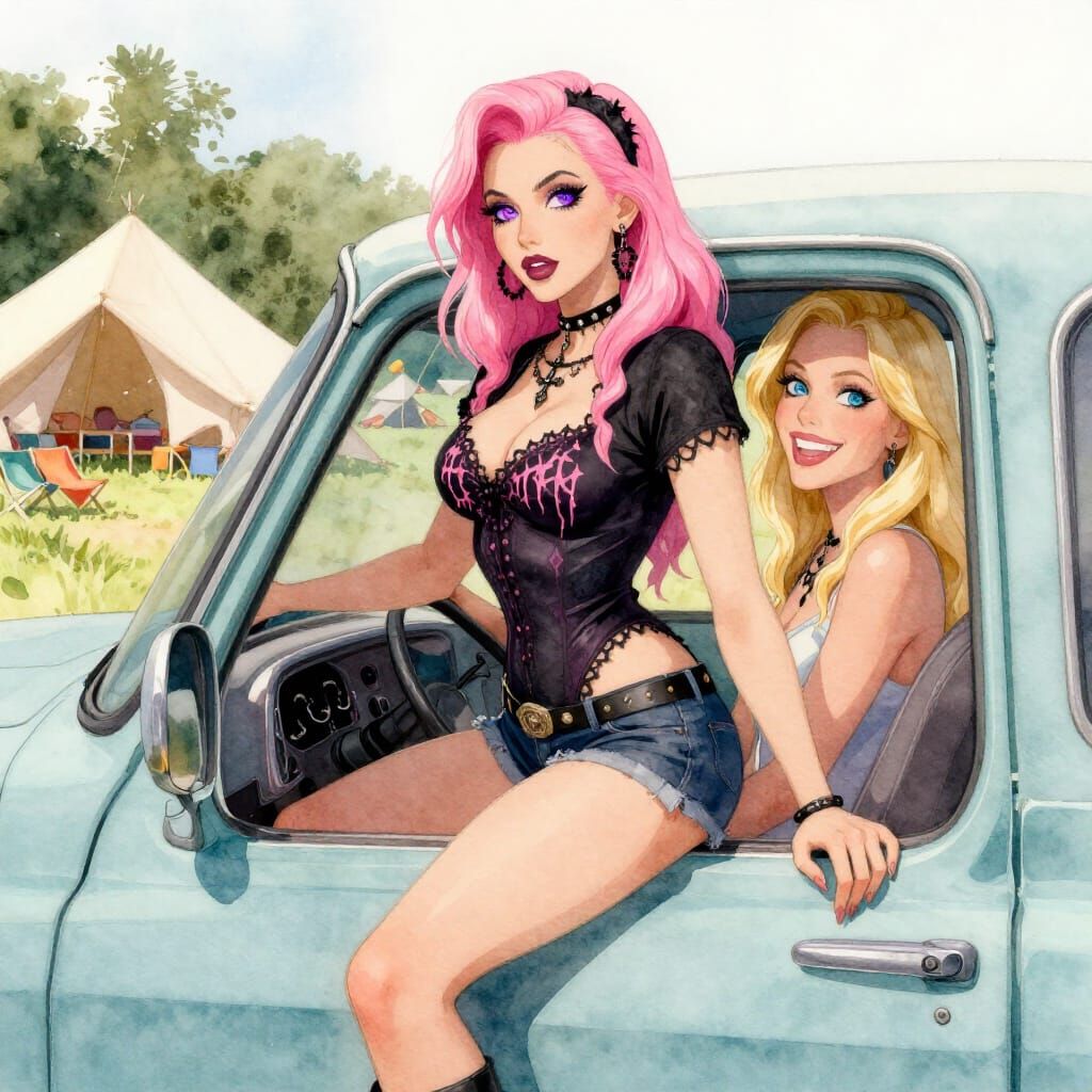 Gothic Style Campground Scene with Vintage Truck