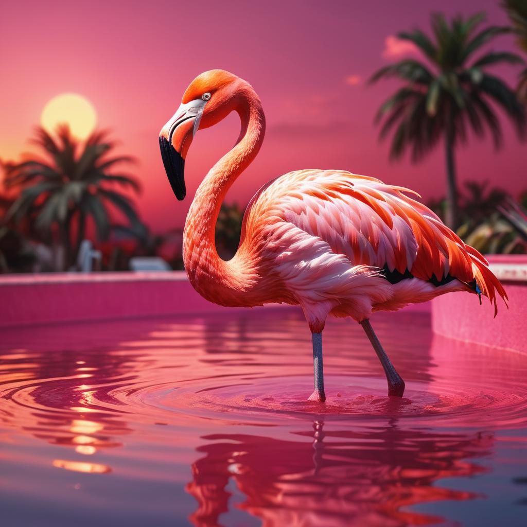 Pink Flamingo in Pink Pool at Sunset