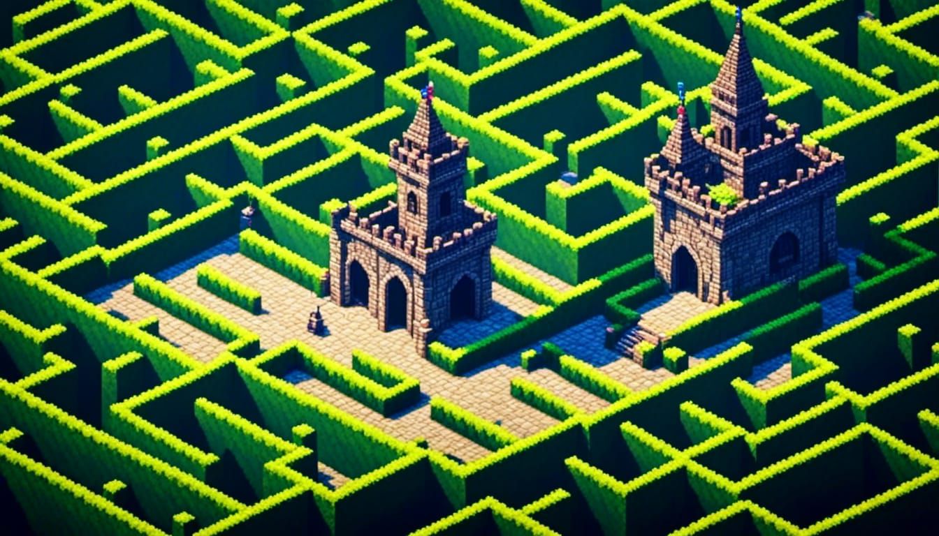 Hero in Pixel Art Hedge Maze Garden