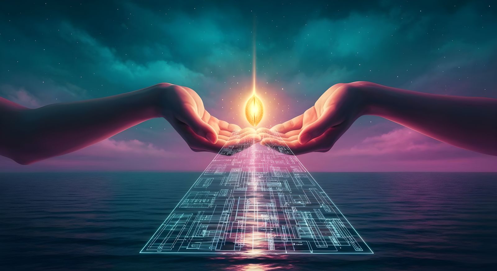 Ethereal Hands Hold Glowing Seed Projecting Futuristic City