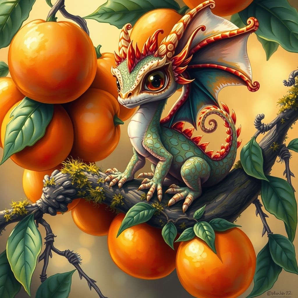 Whimsical Dragon Amidst Vibrant Oranges in Textural Oil Pain...