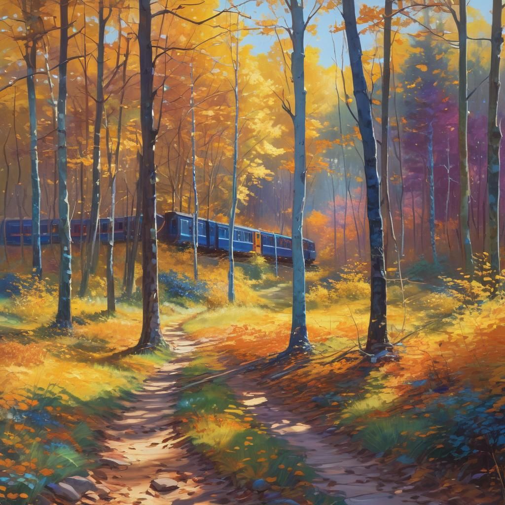 Autumn Train Scene as Impressionist Oil Painting
