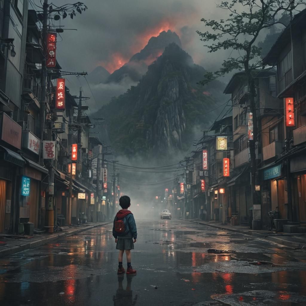 Child in Fog-Shrouded Cityscape: Manga Style