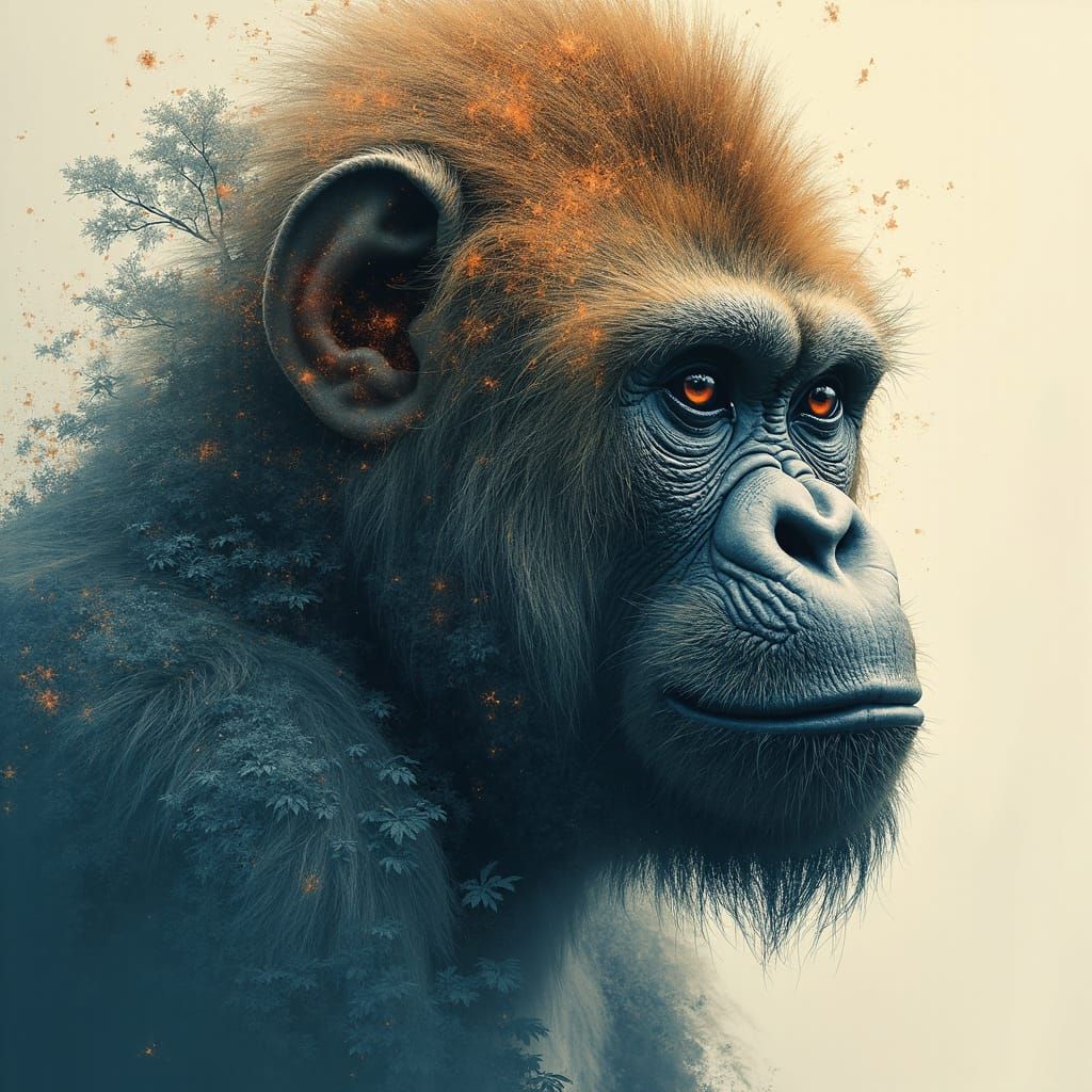 "Double exposure full portrait of a insanely majestic Ape with Jungle Book landscape, glowing jungles " Russ Mills, CGSo...
