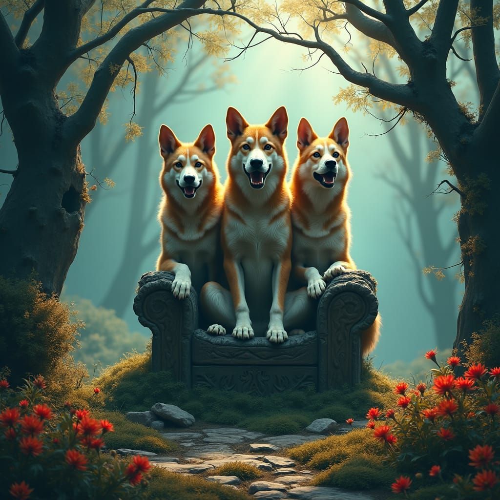 Three-Headed Canine on a Throne in Matte Painting Style