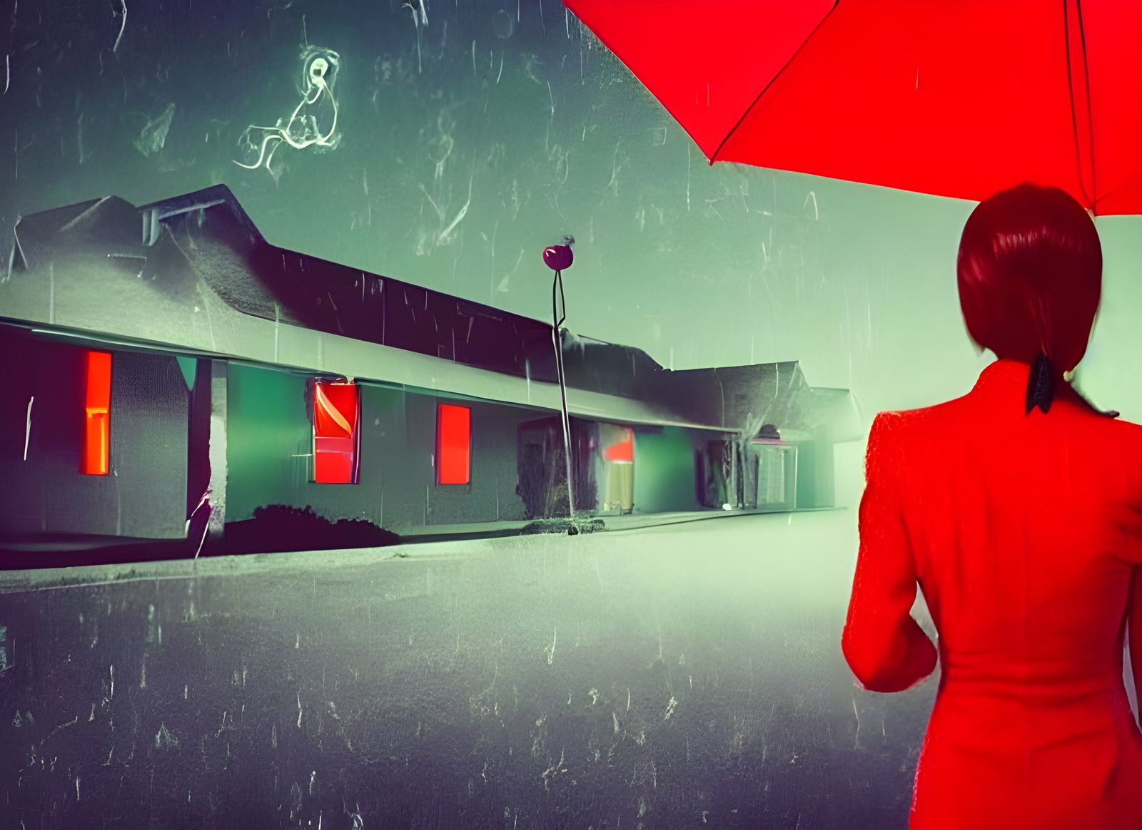 Woman with Gun at Motel in Retro Neon Style