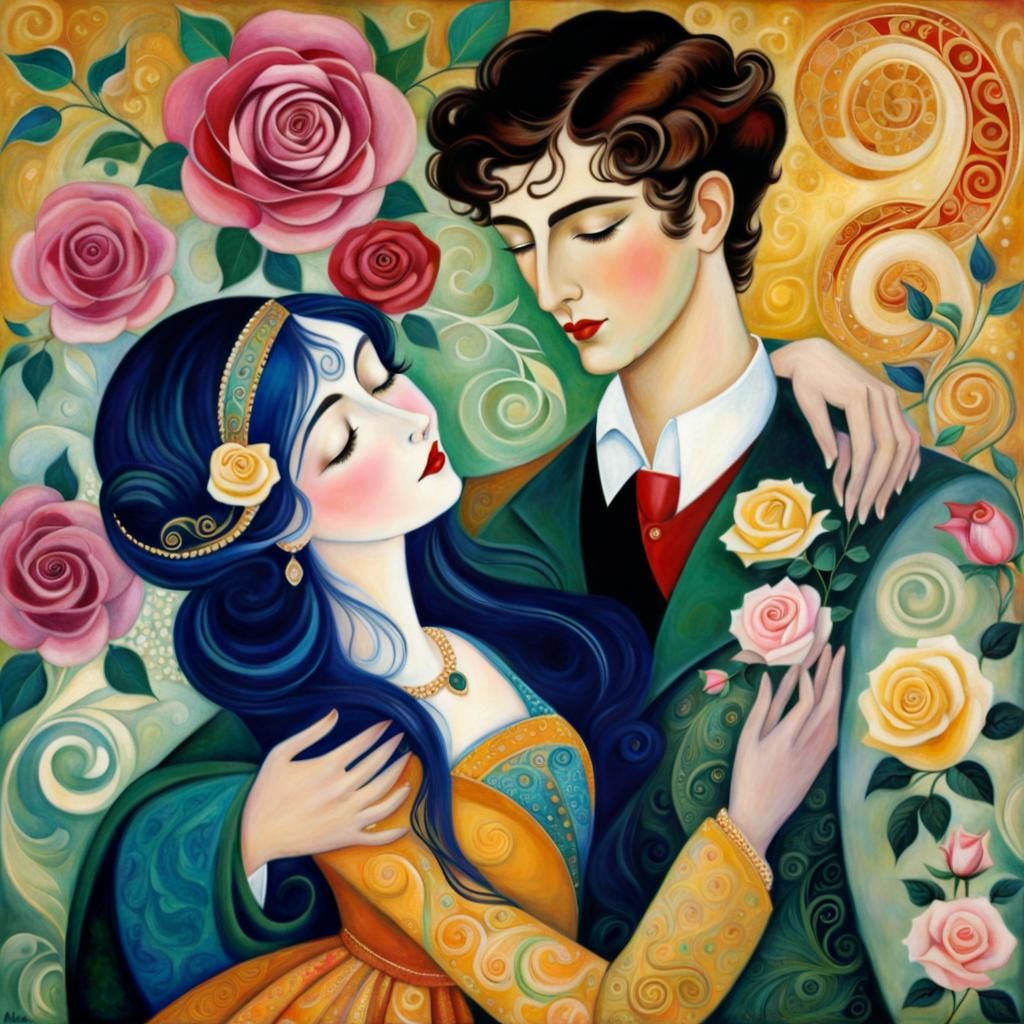 Embracing Couple in Folk Art Nouveau Style