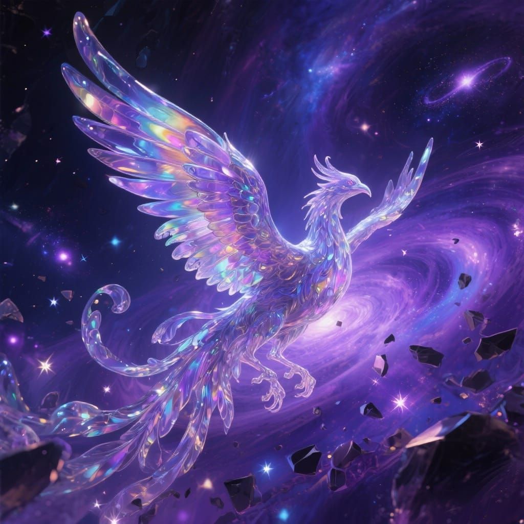 Iridescent Glass Phoenix Soaring Through Cosmic Nebula