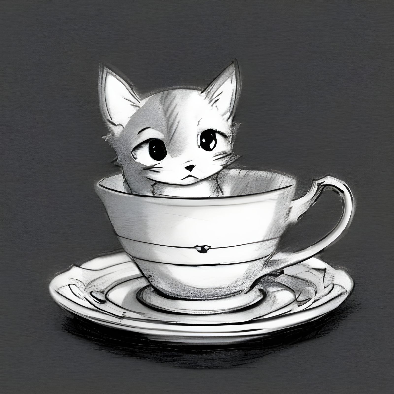 Kitten in Teacup: Whimsical Pencil Sketch