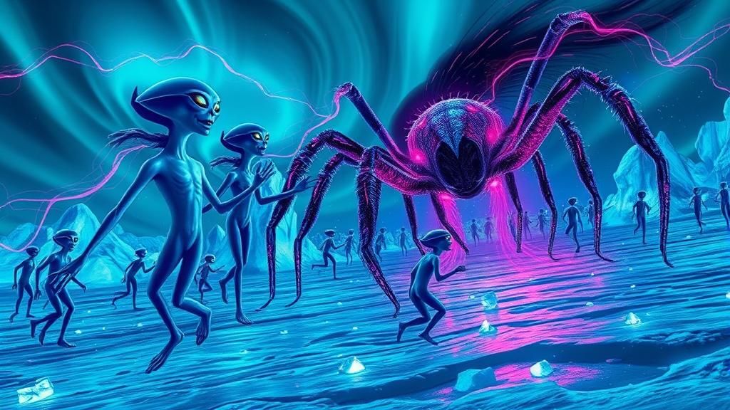 Iridescent Aliens Fleeing Doberman Spider in Arctic Dreamsca...