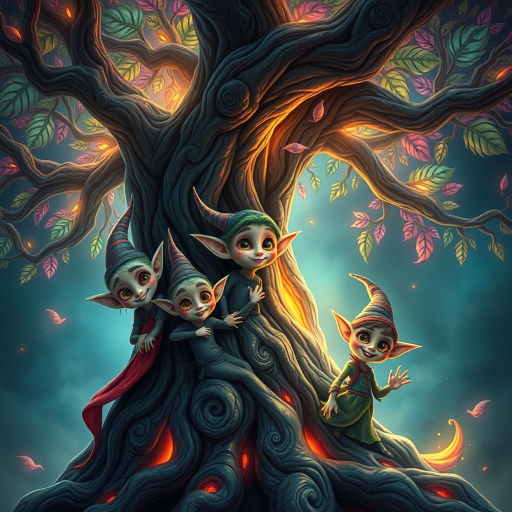 Elves in Psychedelic Tree of Life, Dreamlike Art