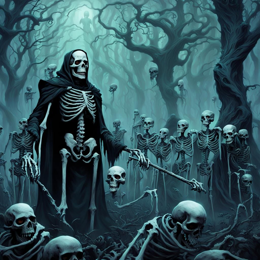 Necromancer Summons Undead Army in Dark Fantasy Art
