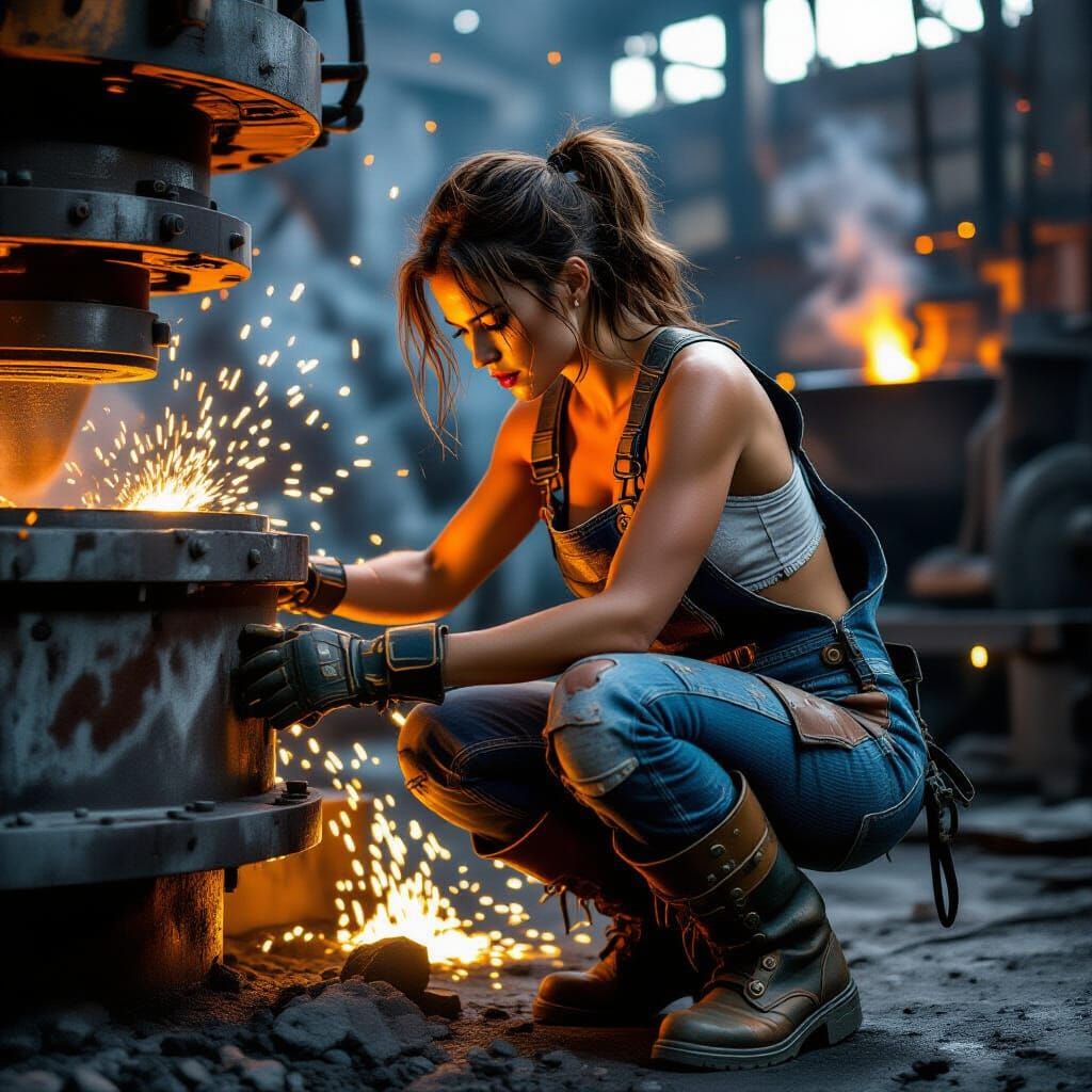 Cyberpunk Mechanic Crouching Over Machine