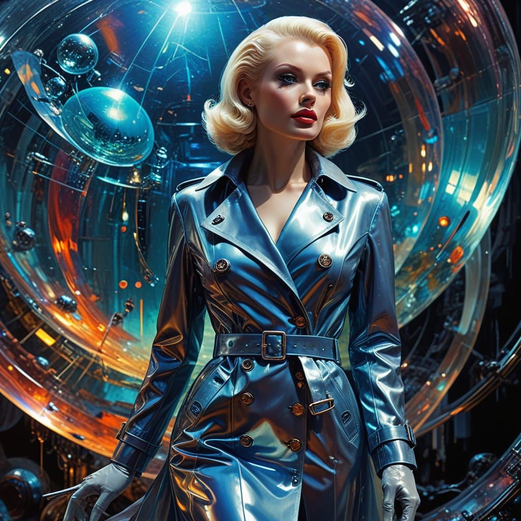 Glamourous Retro-Futuristic Spy in Latex Coat