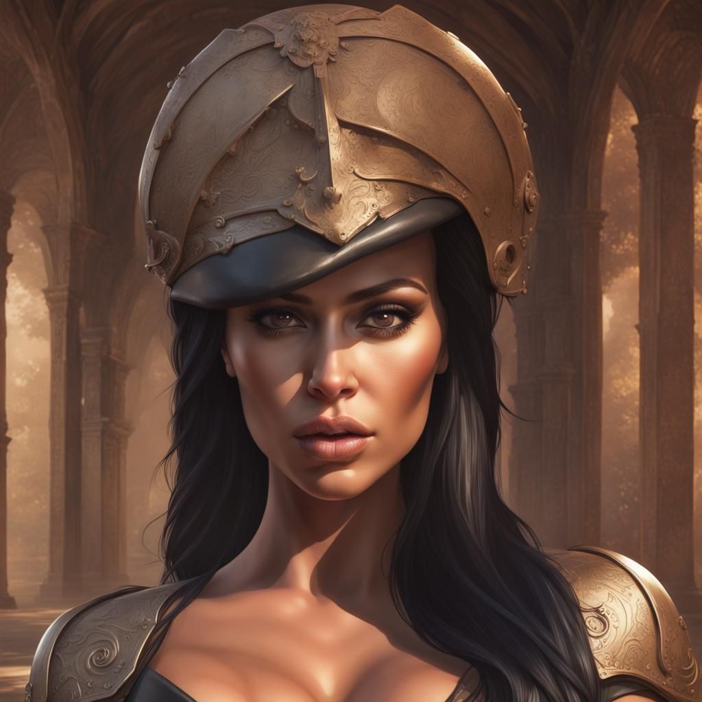 Kim Kardashian Leather Portrait by Rutkowski, Artgerm, Mucha