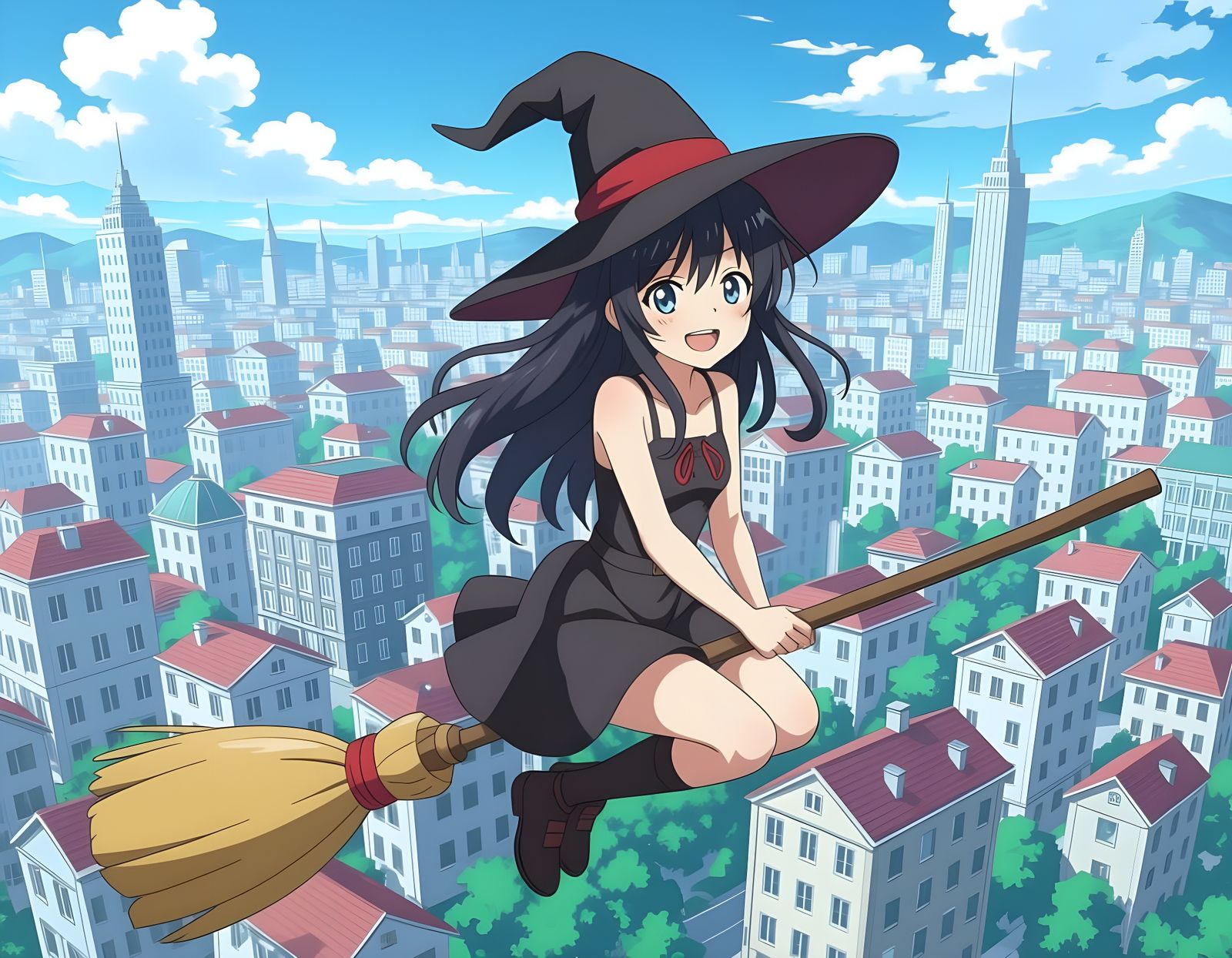 Happy Witch Flies Broom Over City in Anime Style