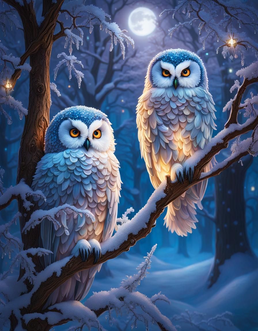 Embroidered Owls in Moonlight, Art Nouveau Scene