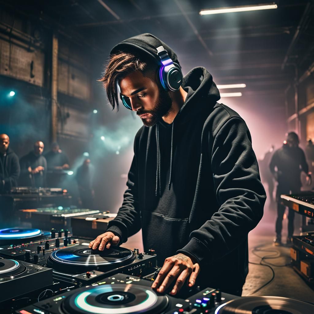 DJ Scratching Turntables in Neon Lit Warehouse