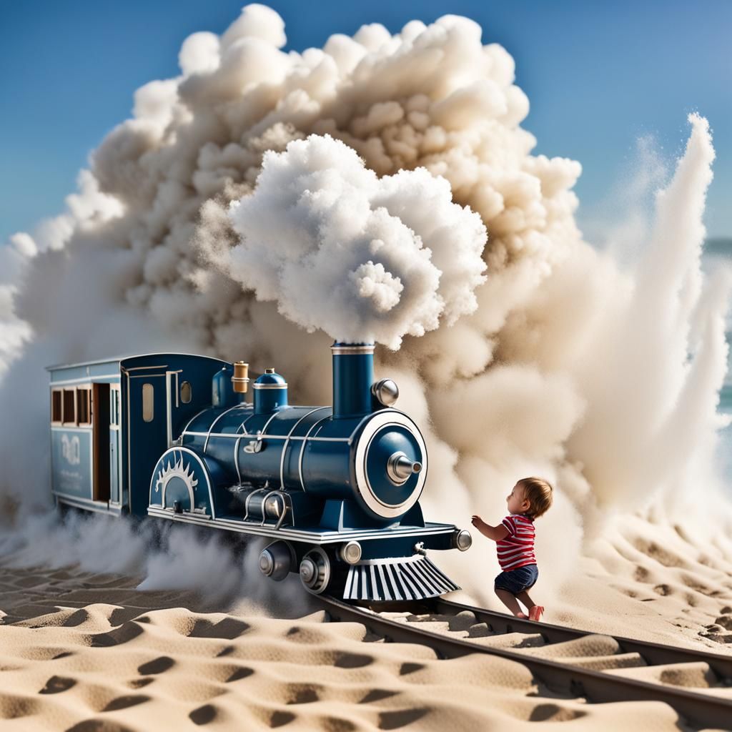Toddler, Steam Train, and Foamy Wave on Beach