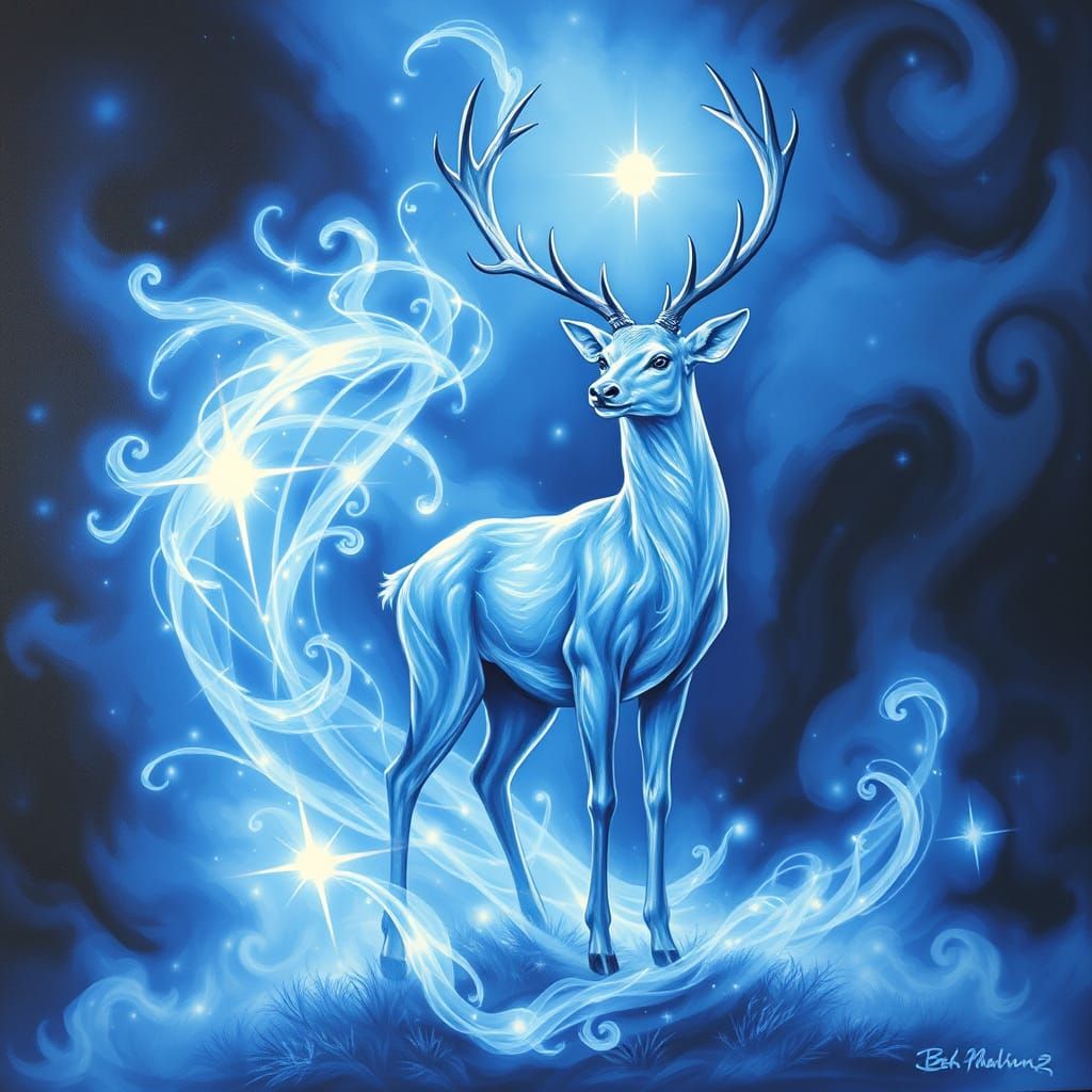 Elegant Mystical Spirit Deer in Blue and White