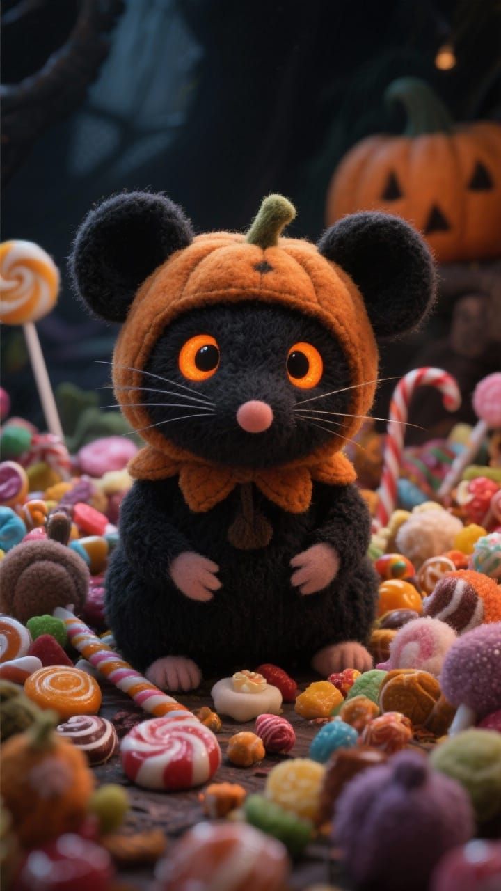 Cute Felt Mouse in Pumpkin Outfit with Sweets
