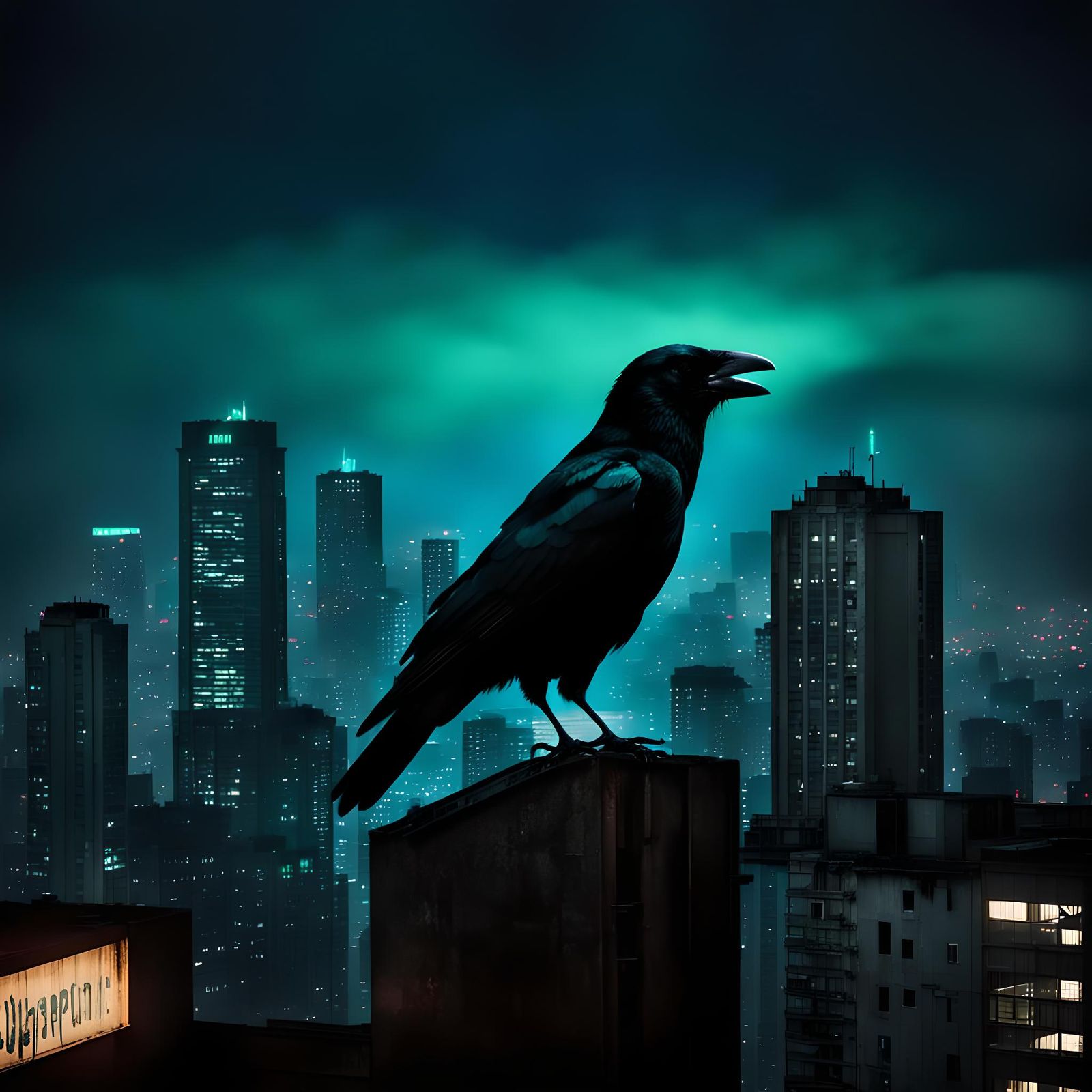 Crow Silhouette Perched Atop Dystopian City Building
