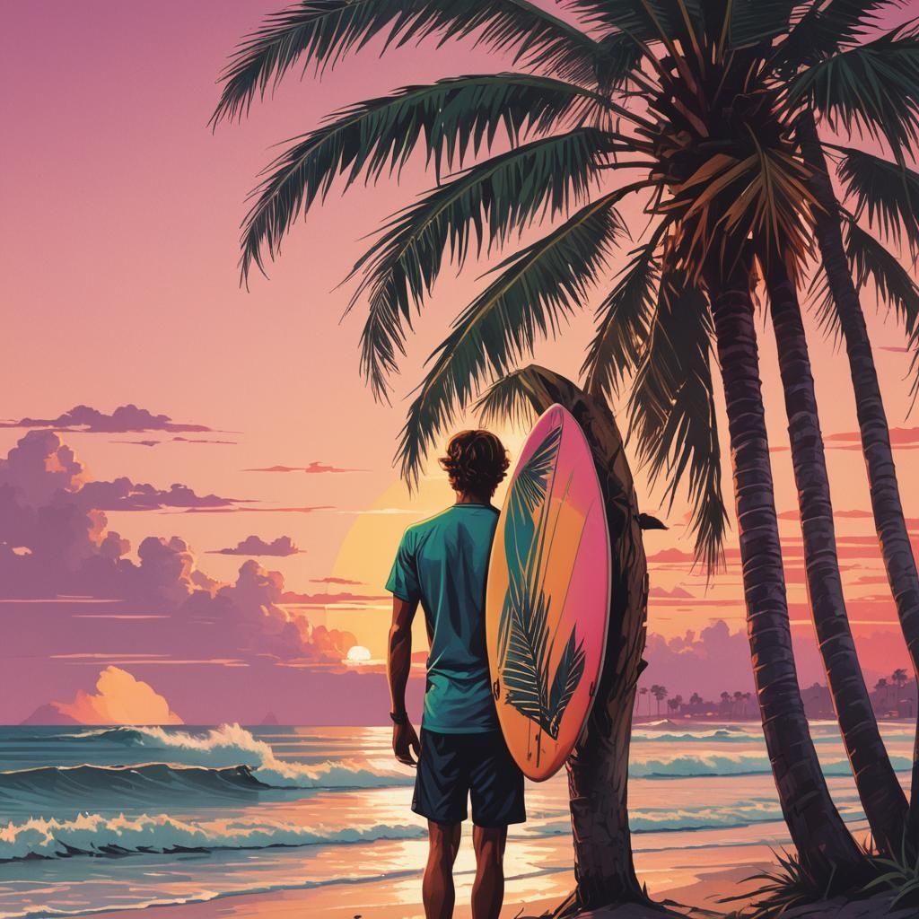 1980s Surfer at Sunset: Retro Graphic Illustration