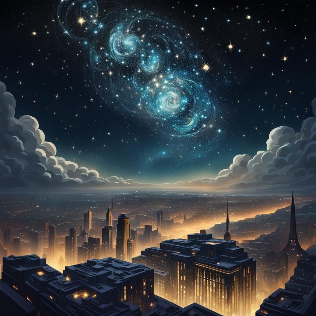 Art Deco Evening Sky with Stardust and Celestial Bodies