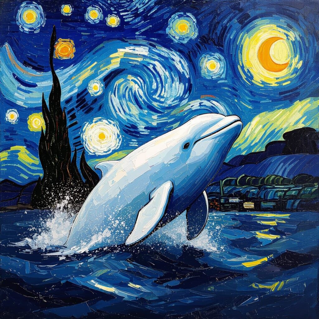 Weary Beluga Whale in Starry Night Sky