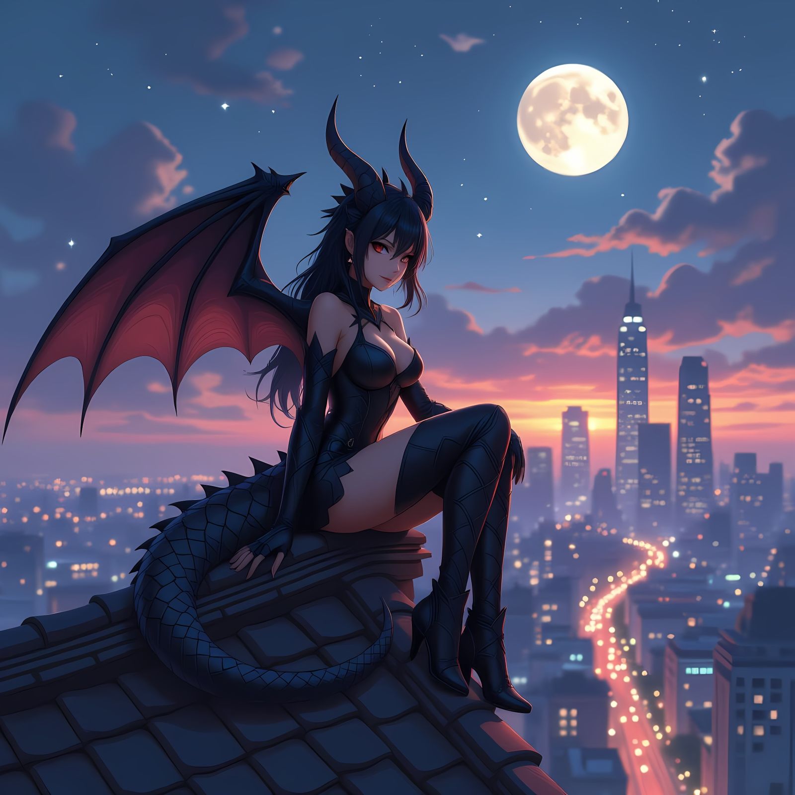 Dragon Girl Anime Perched on Rooftop in Cosmic City