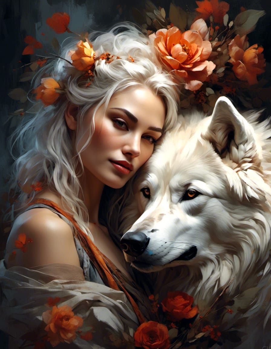 Woman and Wolf Cuddle in Oil Painting Style