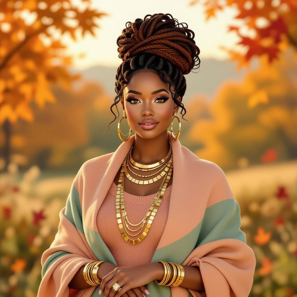 Paper Cut Style Woman with Braided Updo in Fall Colors