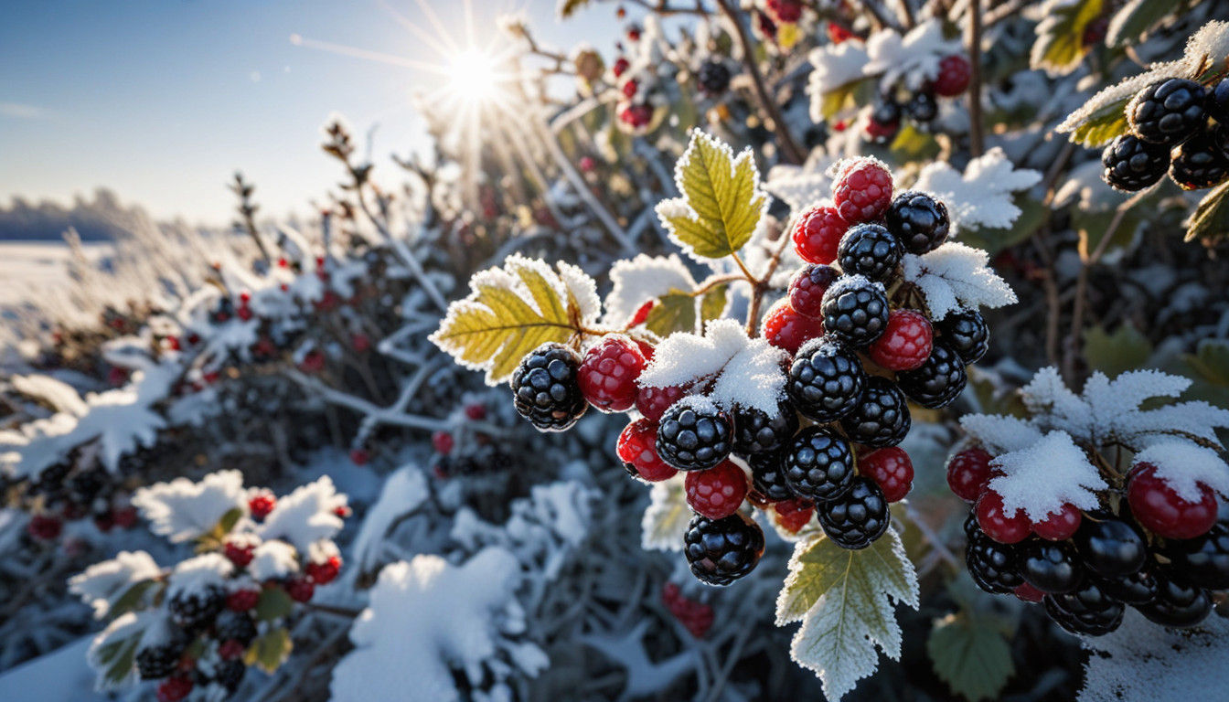 Frozen Russian Winter Landscape with Abundant Blackberries a...