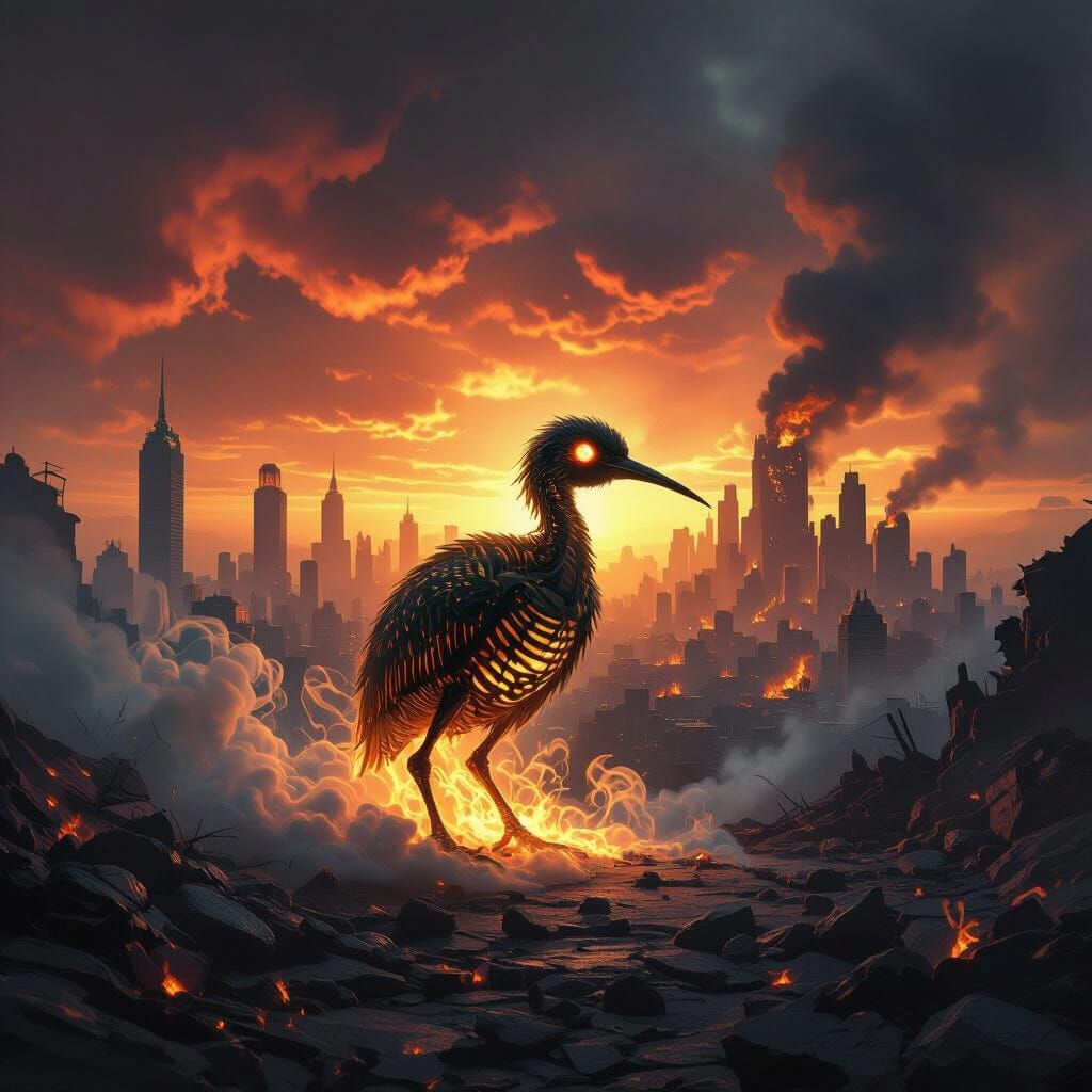 Skeletal Kiwi Emerges From Smoke Over Burning City