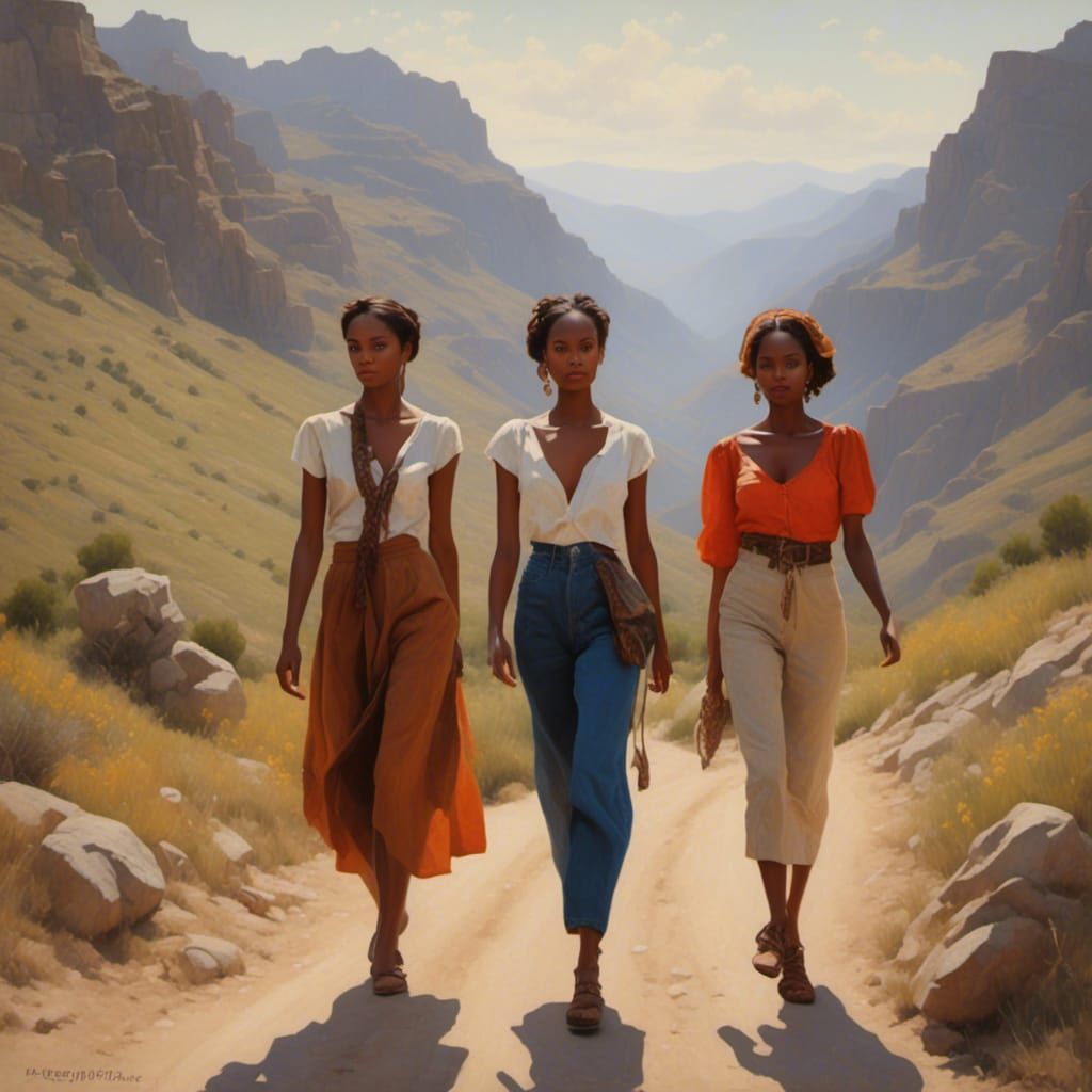 Women Walking on Mountain Road in Digital Art